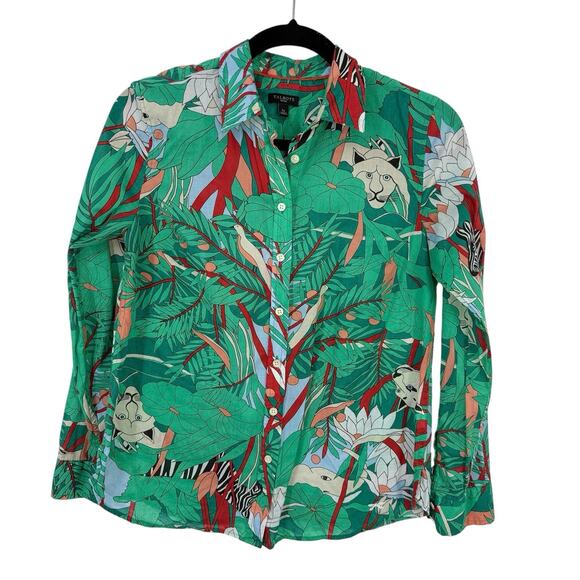 Talbots Jungle Tiger Print Button Up Top Size Small SP Colorful Long Sleeve Arts - Picture 11 of 11